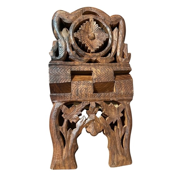 Vintage Hand-Carved India Wooden Bible Cookbook Book Stand/ Holder Folds Flat - Picture 4 of 5